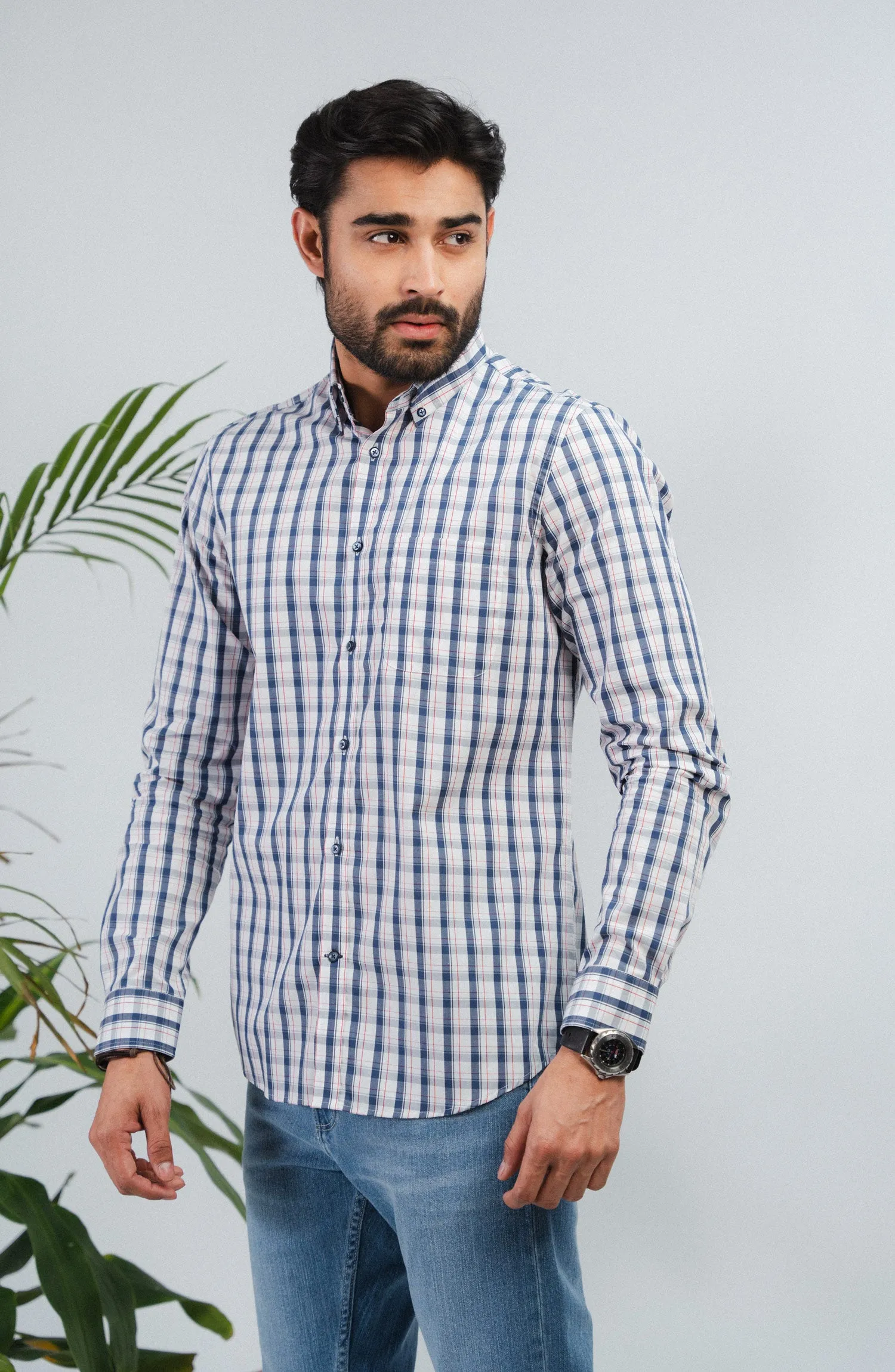 White/Navy Full Sleeves Cotton Shirt