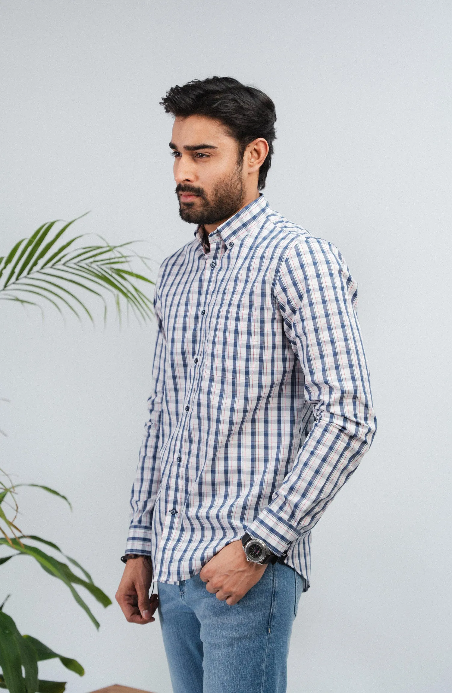 White/Navy Full Sleeves Cotton Shirt