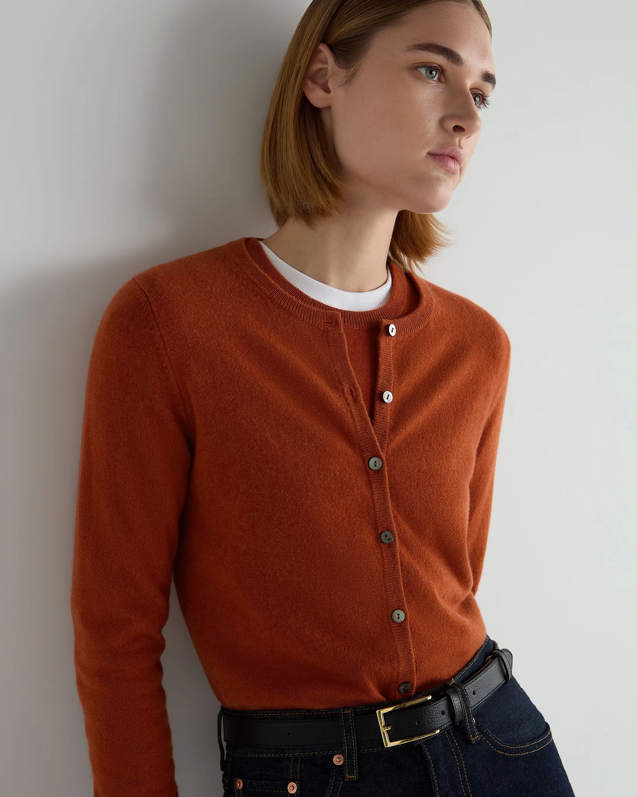 Women's Olivia Round Neck Cashmere Cardigan Rust Orange