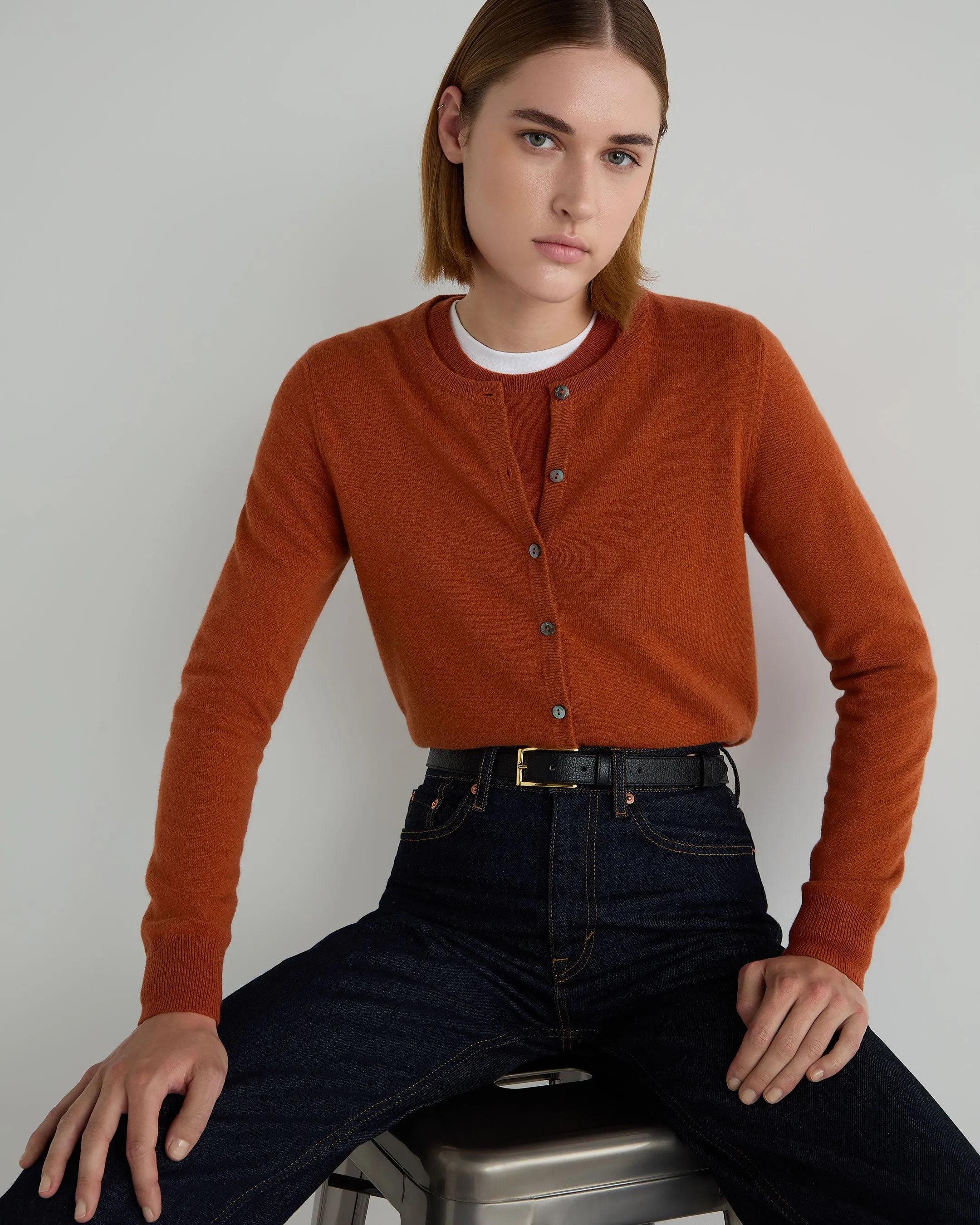 Women's Olivia Round Neck Cashmere Cardigan Rust Orange